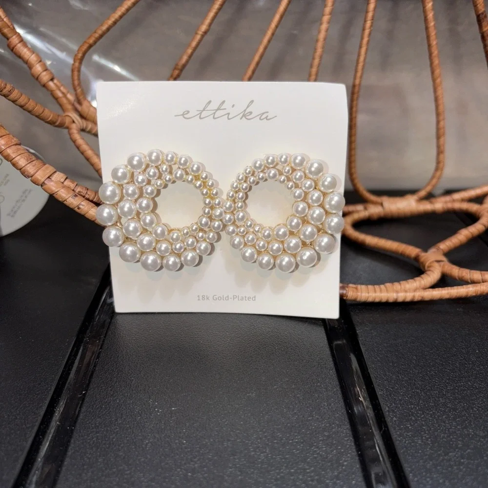 Ettika Blushing Pearl Earrings Round Circular Shape- 18k Gold Plated (BRAND NEW)